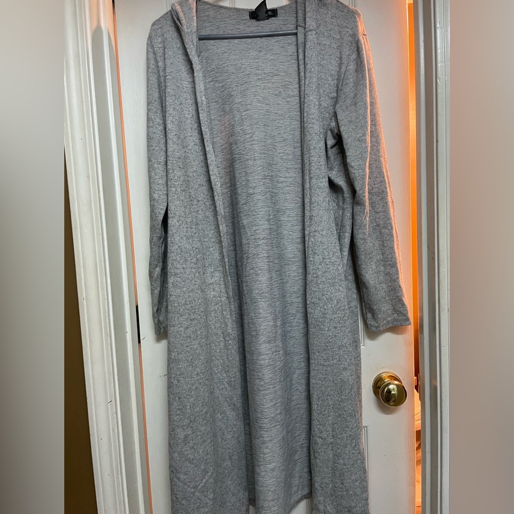 Long grey cardigan with a hood